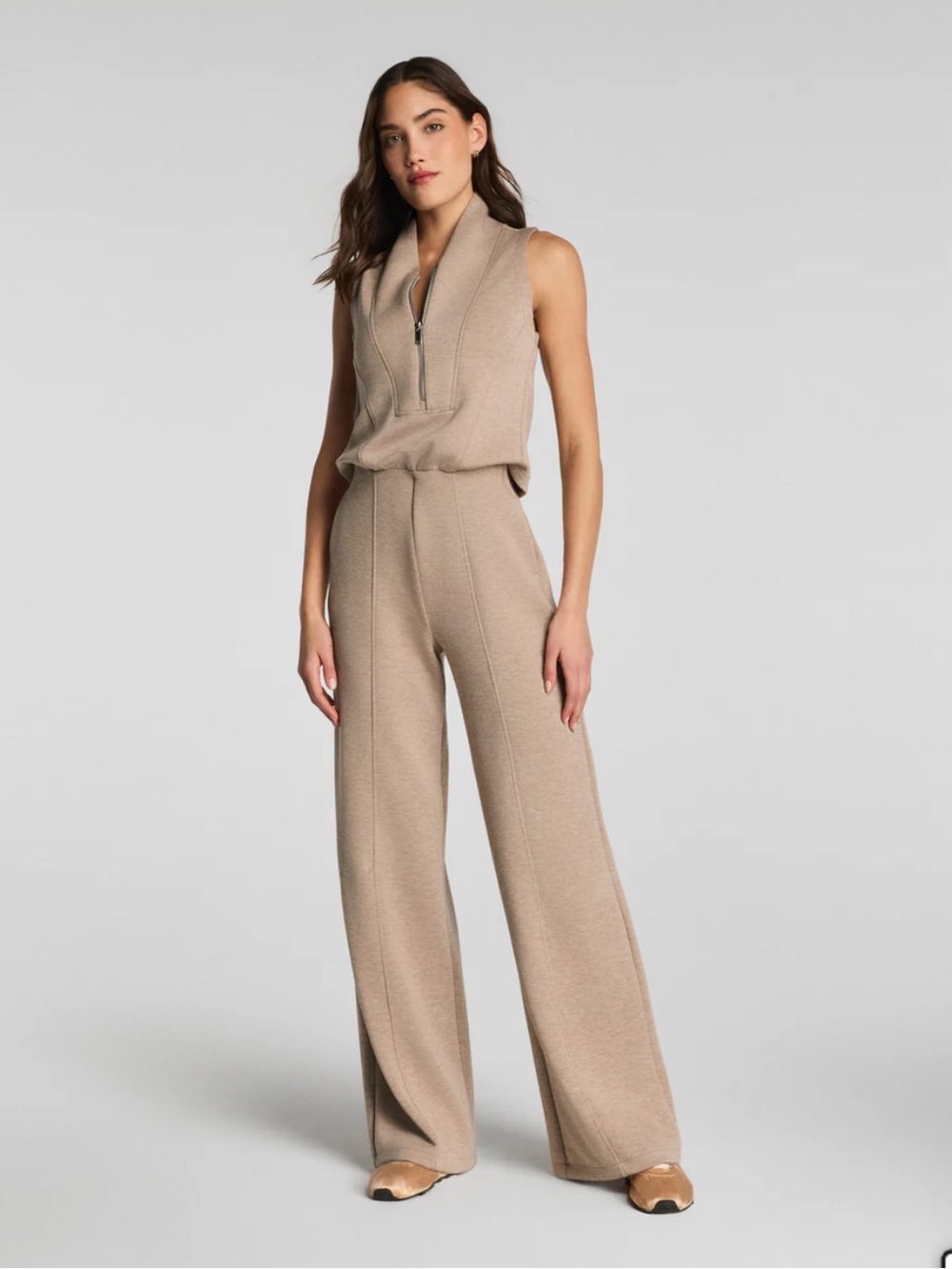 NWT SPANX AirEssentials® Shawl Collar Half Zip Jumpsuit - Dune Heather